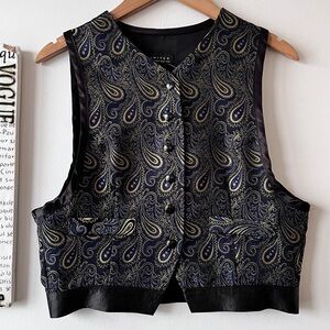 Vintage 90s Limited Brocade Paisley Metallic Gold Satin Black Vest Size M